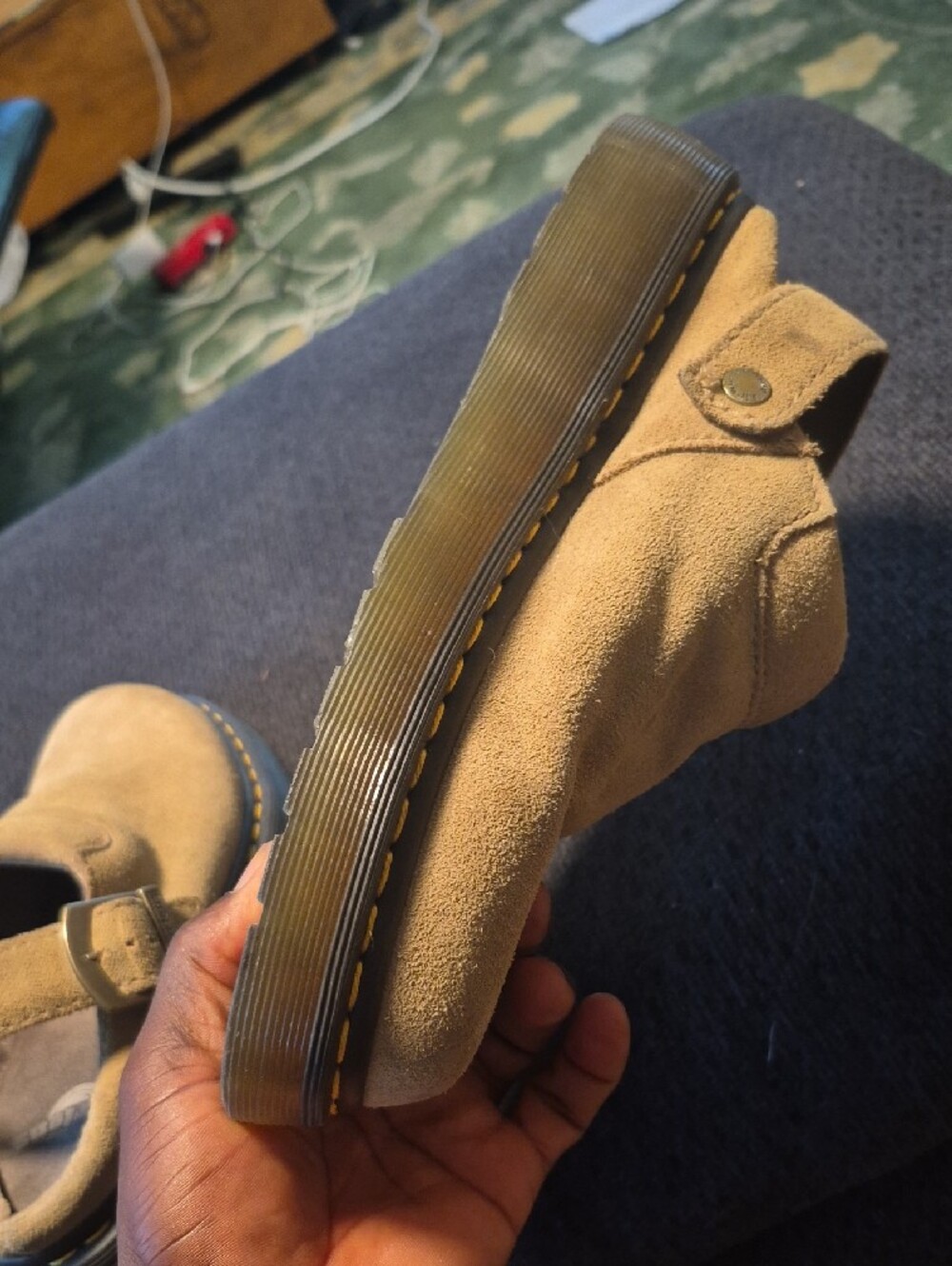 Dr. Martens Tan Suede Slingback Mules with Yellow Stitching - Picture 7 of 15
